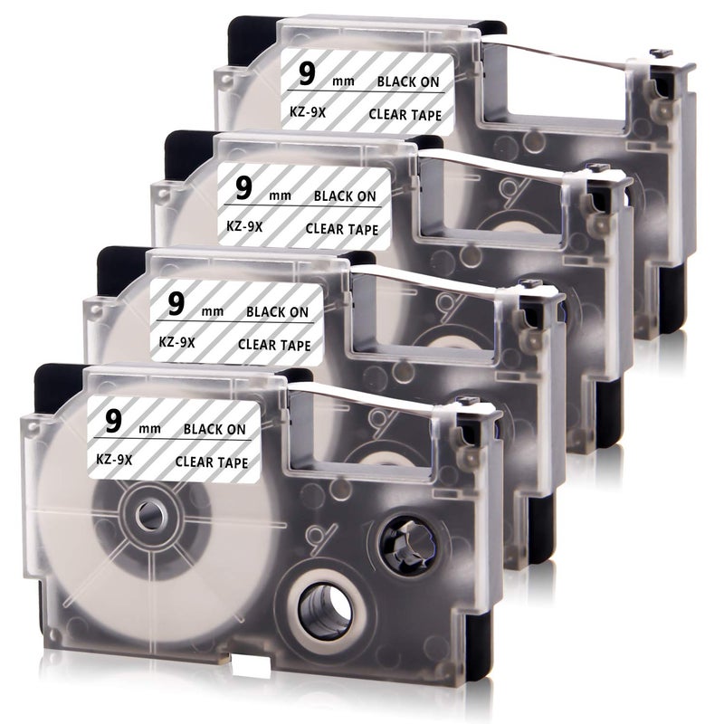 Absonic 4-Pack Compatible for Casio XR-9X XR-9X2S XR9X XR9X2S 9mm 0.35" Black on Clear Label Tape for KL-60 KL-100 KL-120 KL-430 KL-750 KL-780 KL-820 Label Maker, 3/8" x 26' - Image 1